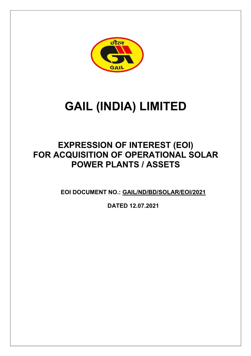 Expression of Interest (Eoi) for Acquisition of Operational Solar Power Plants / Assets