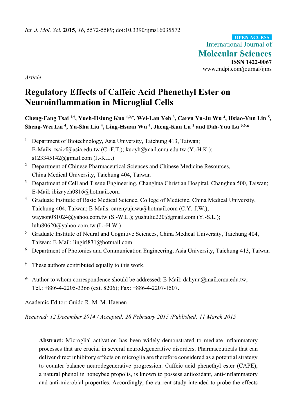 Regulatory Effects of Caffeic Acid Phenethyl Ester on Neuroinflammation in Microglial Cells