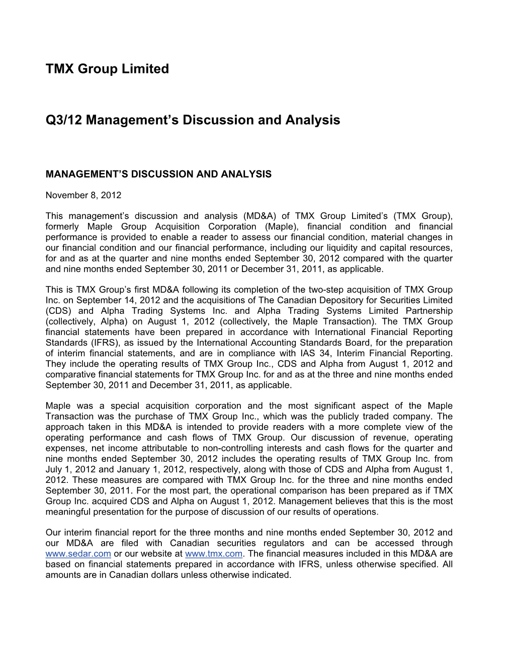 TMX Group Limited Q3/2012 Management's Discussion And