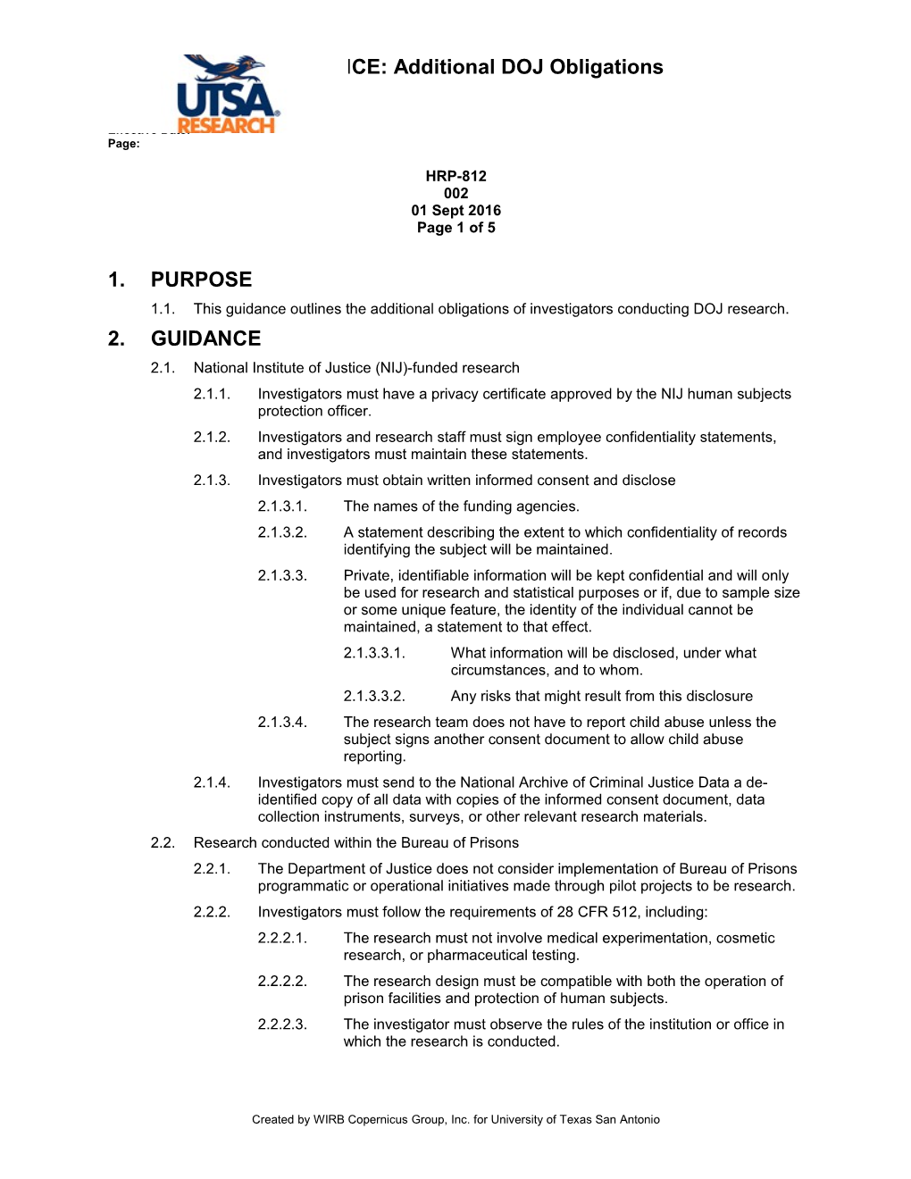 INVESTIGATOR GUIDANCE: Additional DOJ Obligations