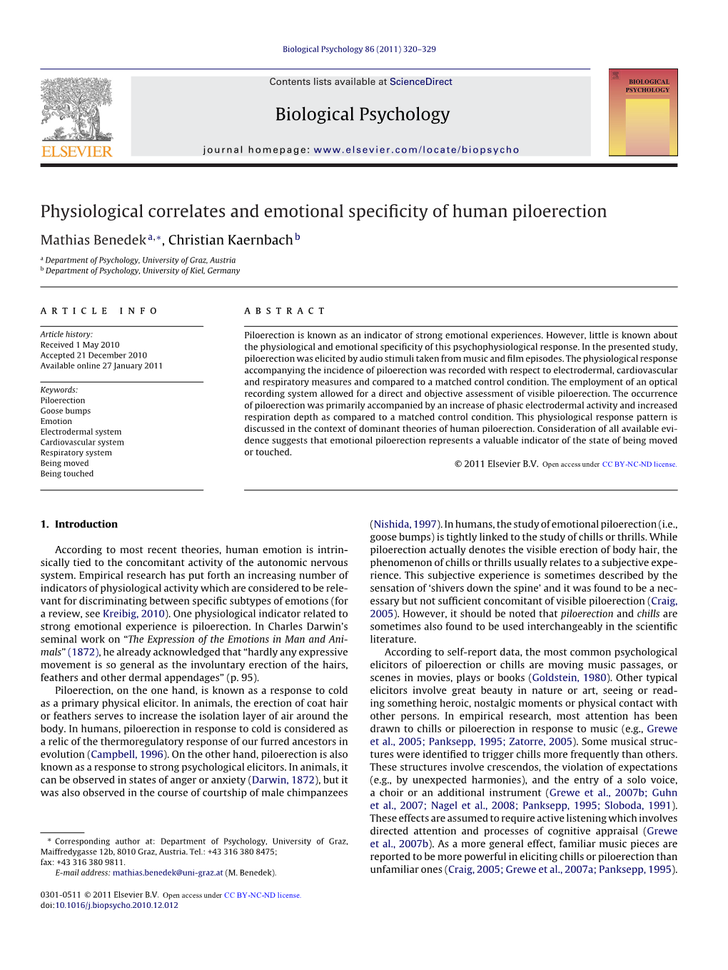 Physiological Correlates and Emotional Specificity of Human Piloerection