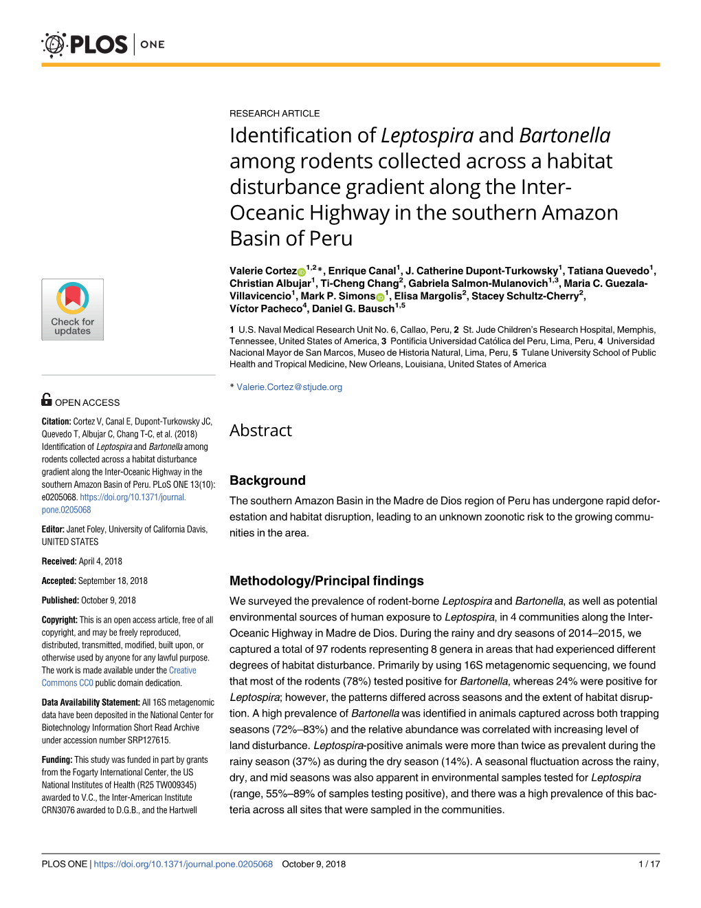 Identification of Leptospira and Bartonella Among Rodents Collected