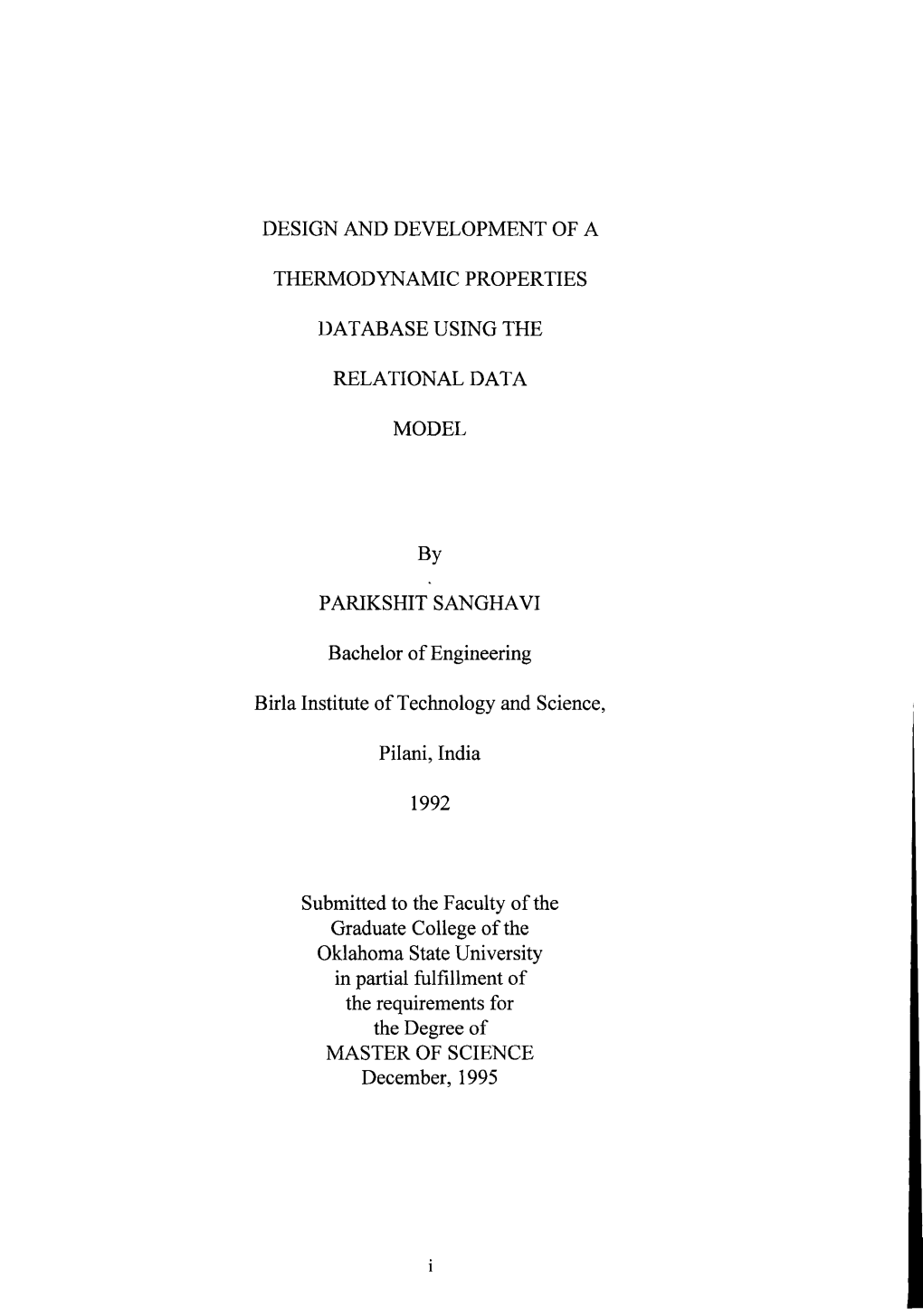 Design and Development of a Thermodynamic Properties Database Using the Relational Data Model