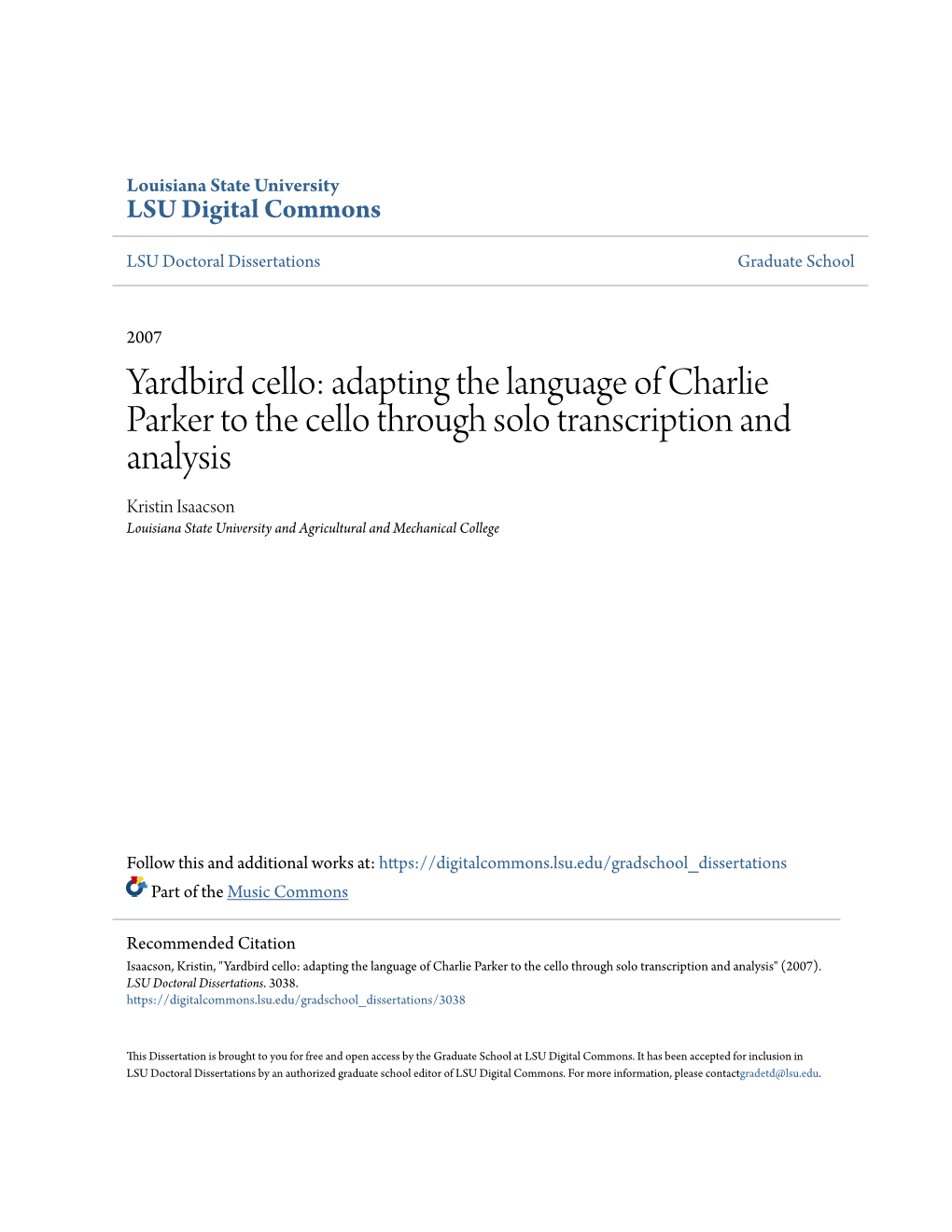 Adapting the Language of Charlie Parker to the Cello Through Solo