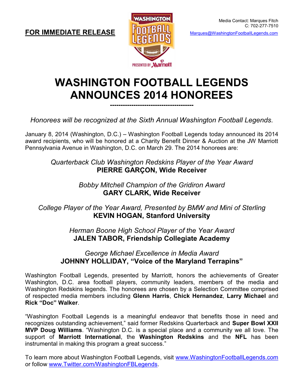 Washington Football Legends Announces 2014 Honorees