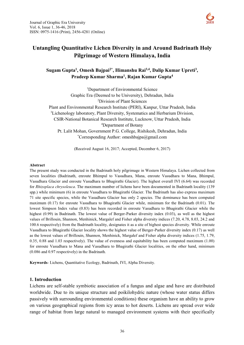 Untangling Quantitative Lichen Diversity in and Around Badrinath Holy Pilgrimage of Western Himalaya, India