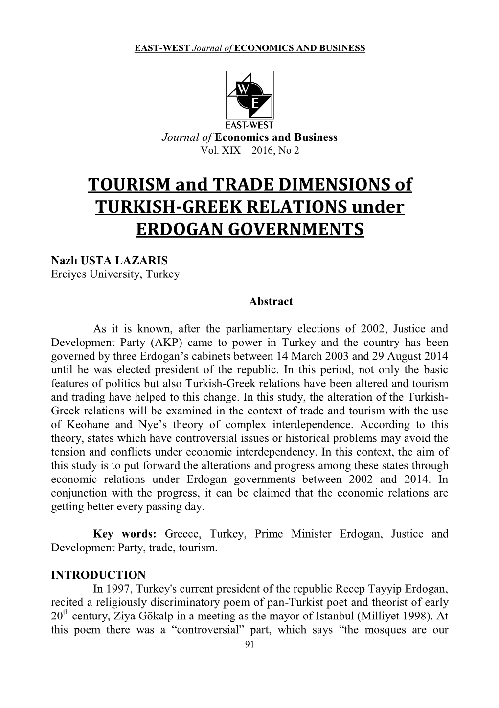 TOURISM and TRADE DIMENSIONS of TURKISH-GREEK RELATIONS Under ERDOGAN GOVERNMENTS