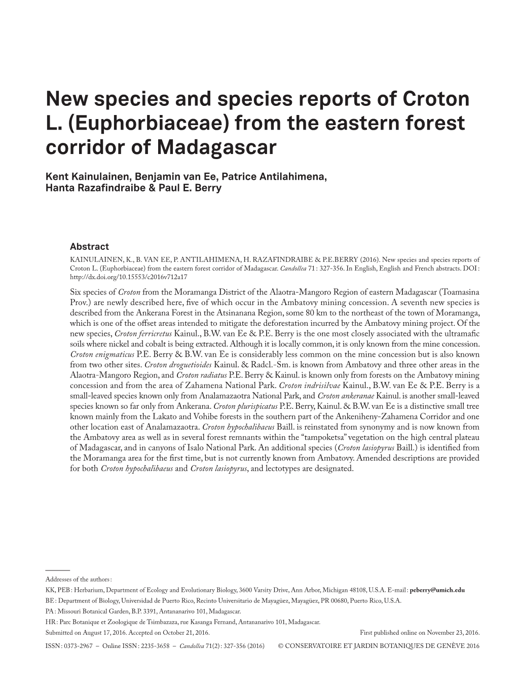 New Species and Species Reports of Croton L. (Euphorbiaceae) from the Eastern Forest Corridor of Madagascar