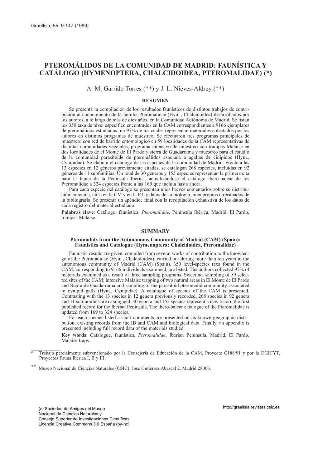 Pteromálidos De La Comunidad De Madrid: Faunística Y Catálogo (Hymenoptera, Chalcidoidea, Pteromalidae) (*)