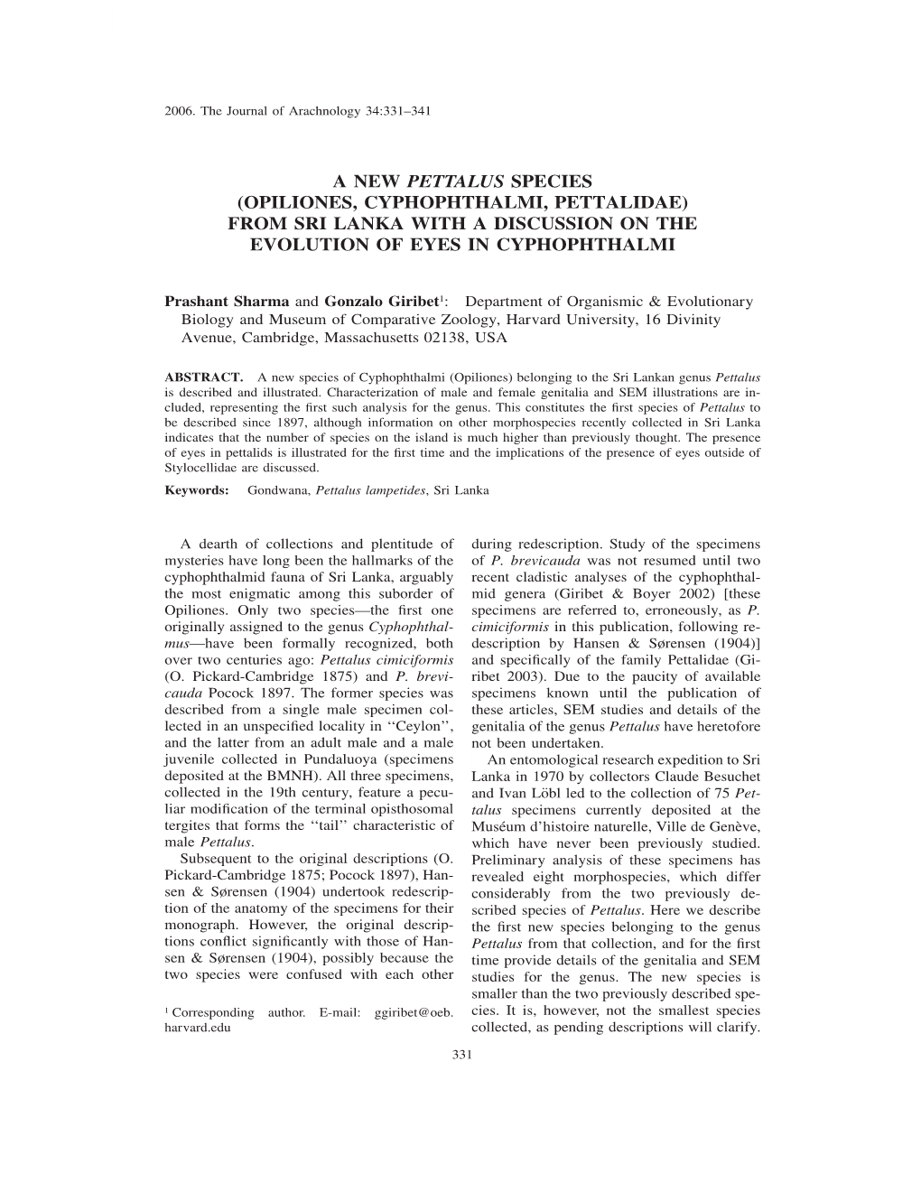 Opiliones, Cyphophthalmi, Pettalidae) from Sri Lanka with a Discussion on the Evolution of Eyes in Cyphophthalmi