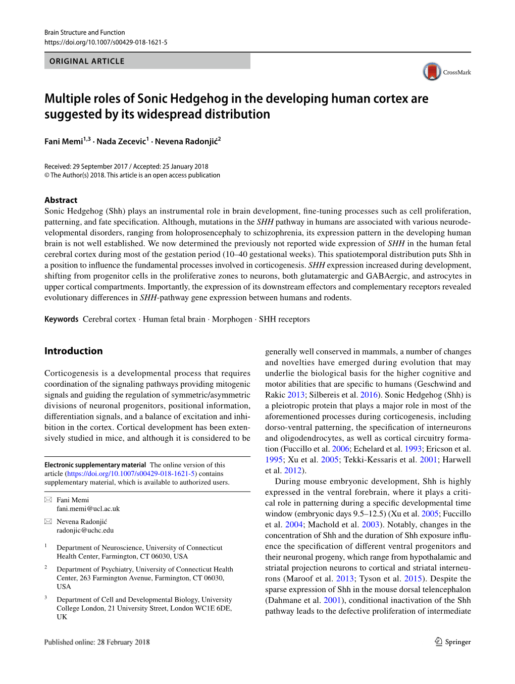 Multiple Roles of Sonic Hedgehog in the Developing Human Cortex Are Suggested by Its Widespread Distribution