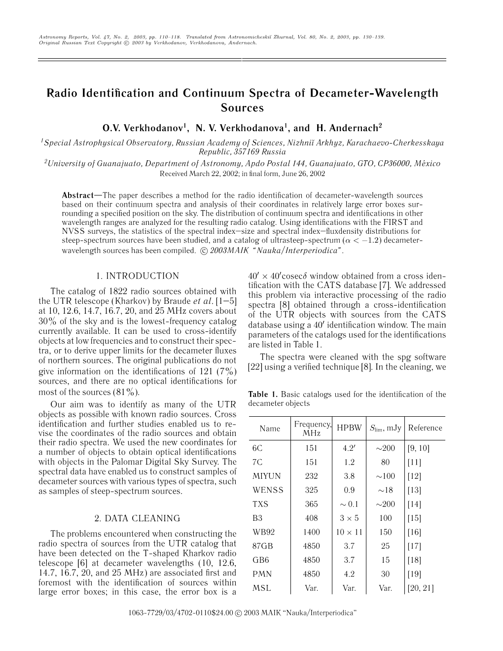 Radio Identification and Continuum Spectra of Decameter-Wavelength