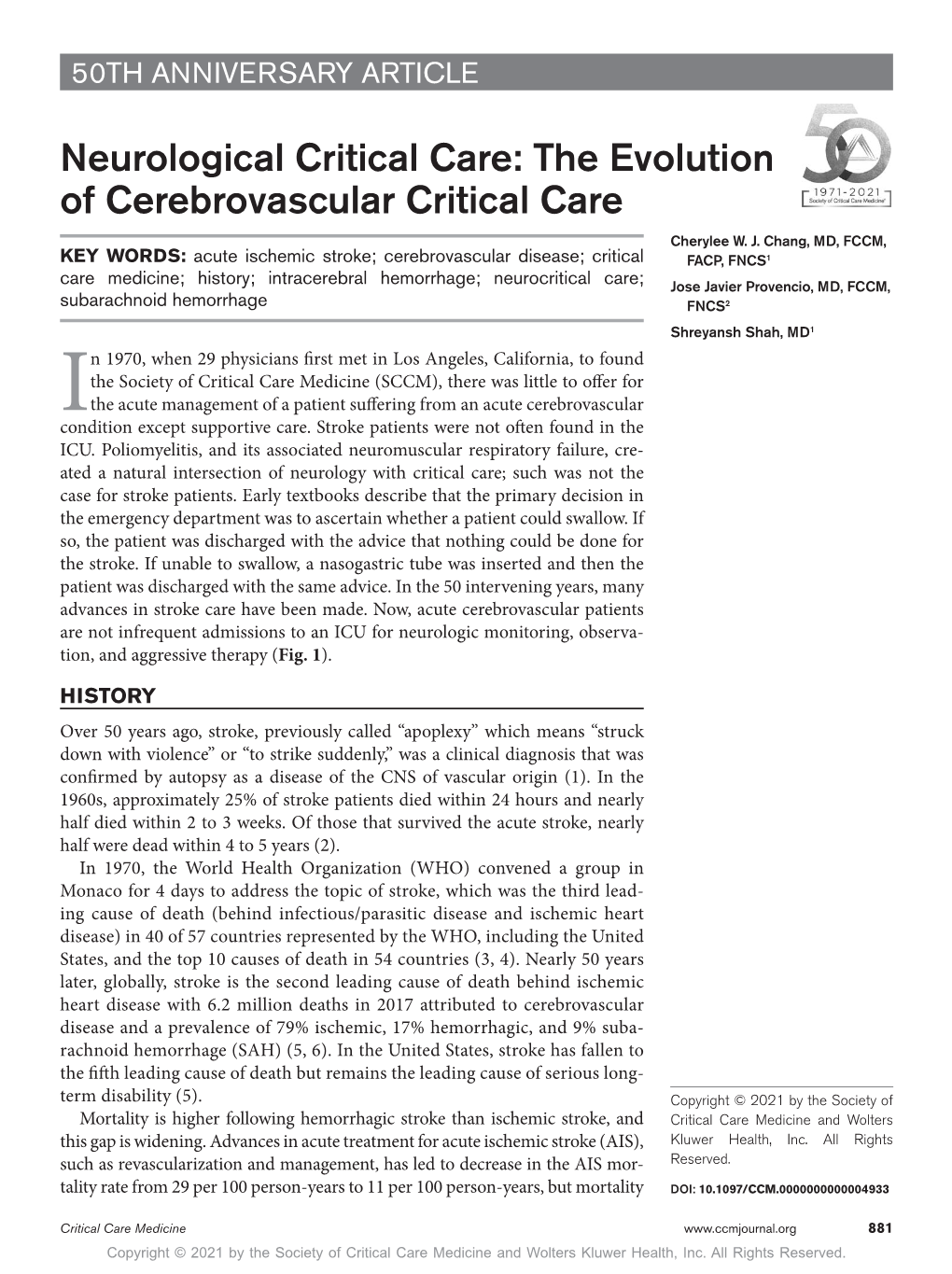 Neurological Critical Care: the Evolution of Cerebrovascular Critical Care Cherylee W