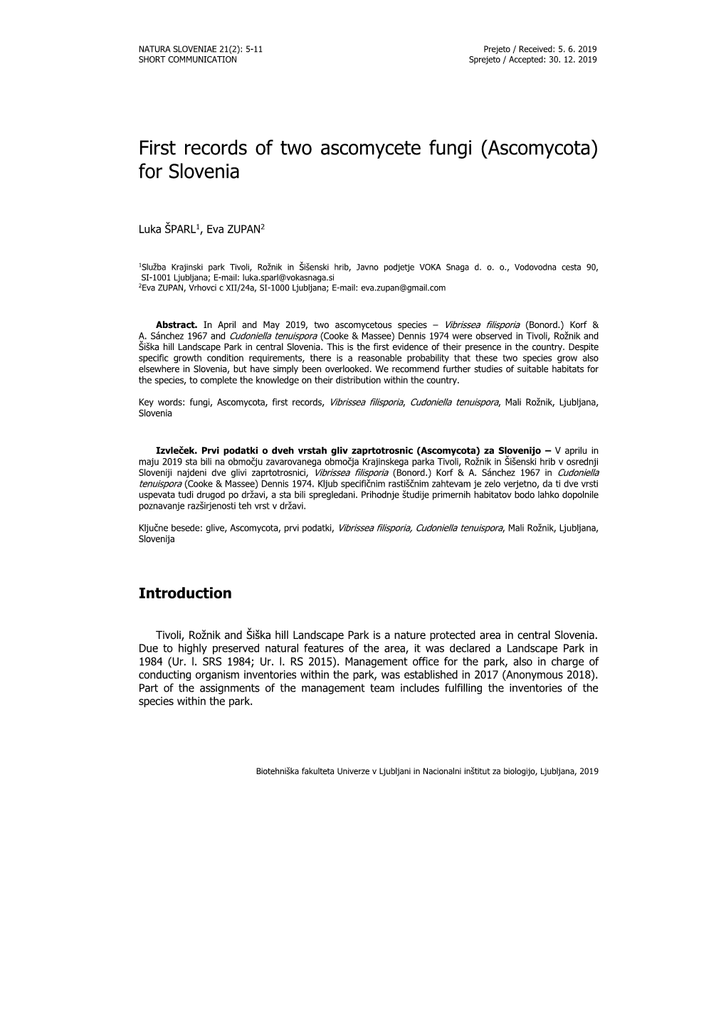 First Records of Two Ascomycete Fungi (Ascomycota) for Slovenia