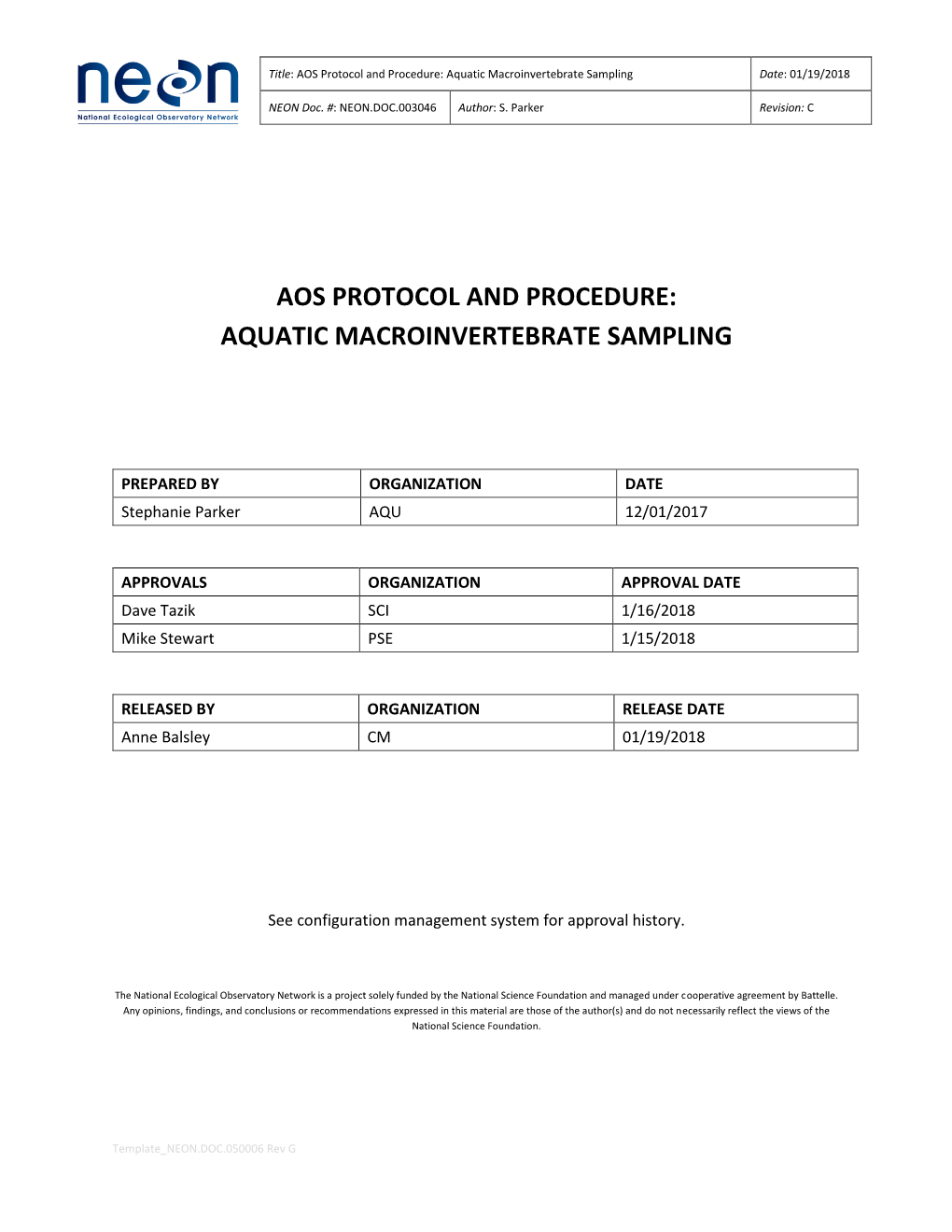 Aquatic Macroinvertebrate Sampling Date: 01/19/2018