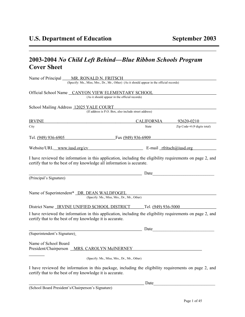 Canyon View Elementary School 2004 No Child Left Behind-Blue Ribbon School Application (Msword)