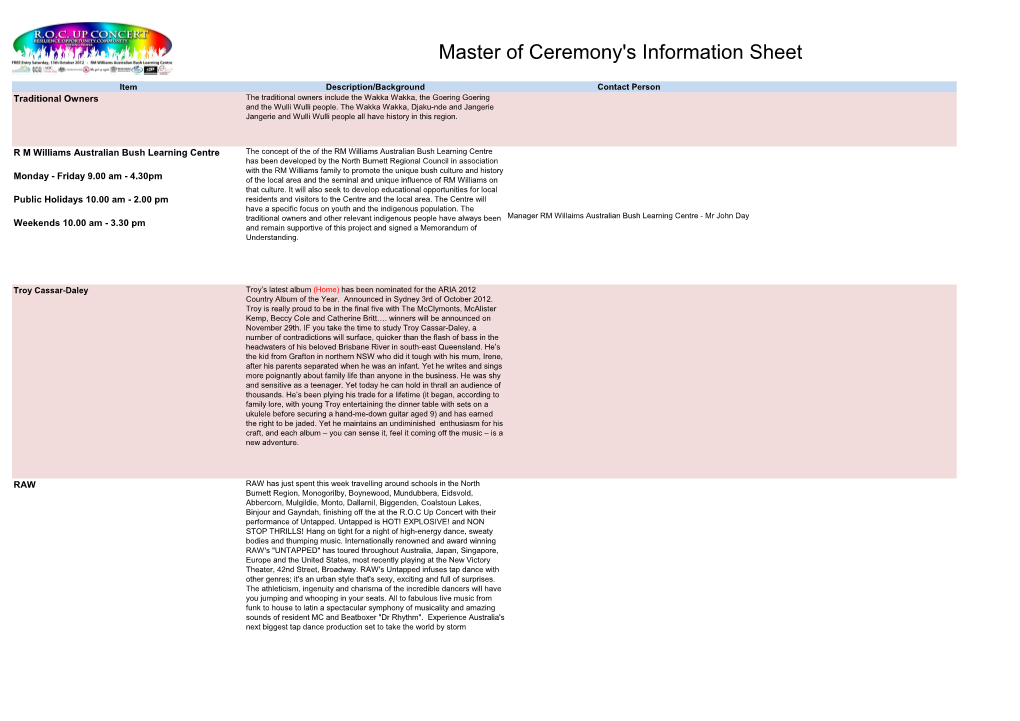 Master of Ceremony's Information Sheet