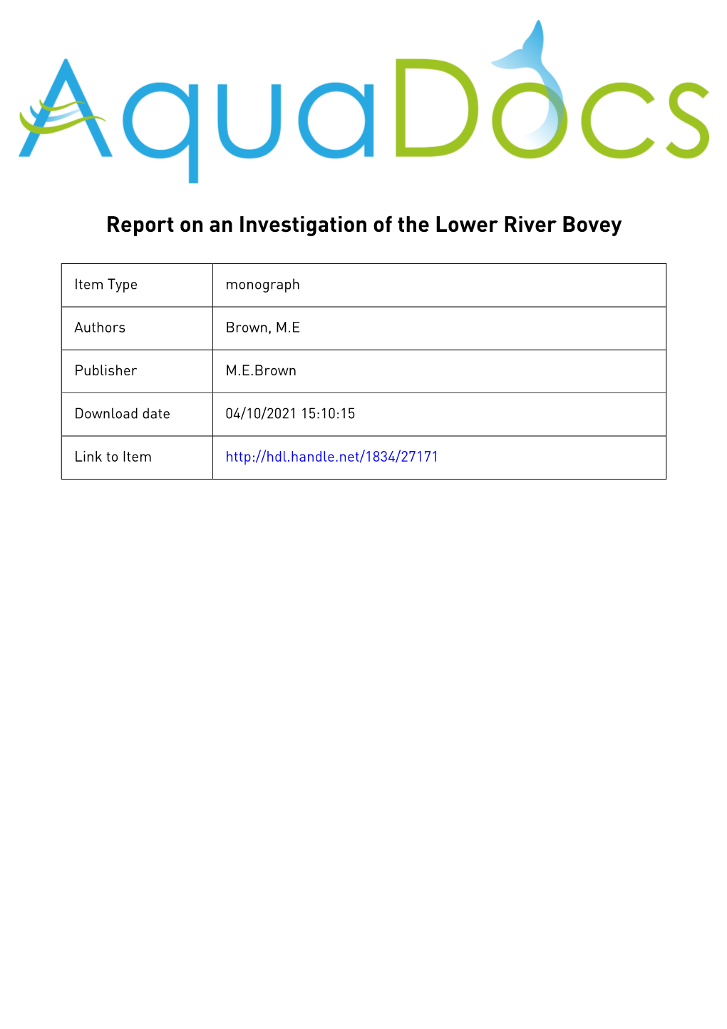 Report on an Investigation of the Lower River Bovey