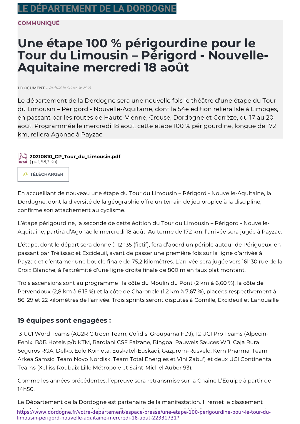 Une Étape 100 % Périgourdine Pour Le Tour Du Limousin – Périgord - Nouvelle- Aquitaine Mercredi 18 Août