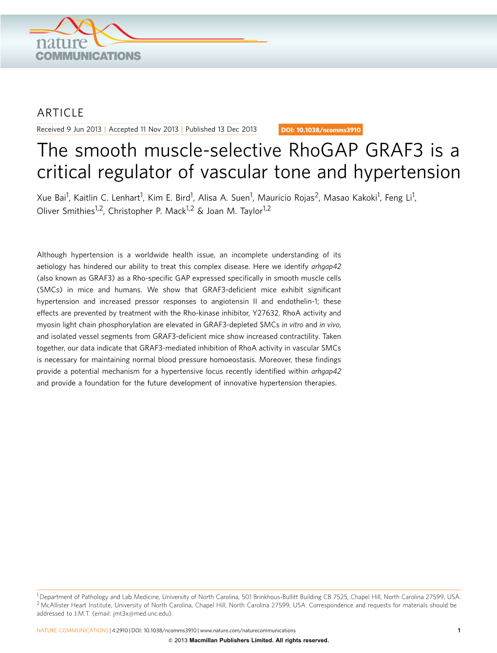 The Smooth Muscle-Selective Rhogap GRAF3 Is a Critical Regulator of Vascular Tone and Hypertension