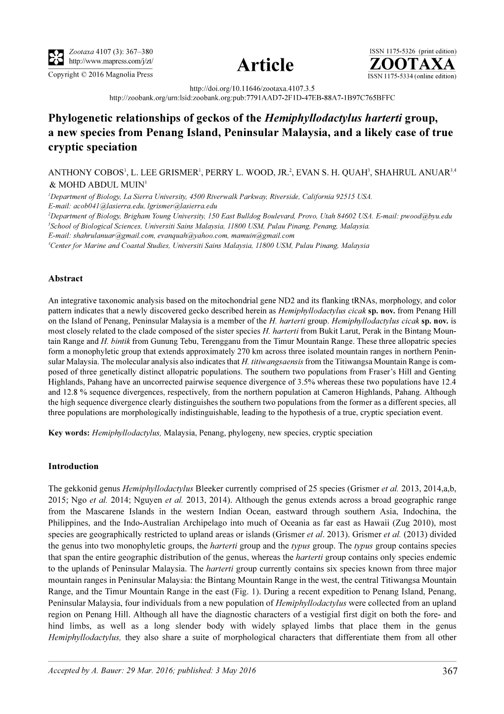 Phylogenetic Relationships of Geckos of the Hemiphyllodactylus Harterti