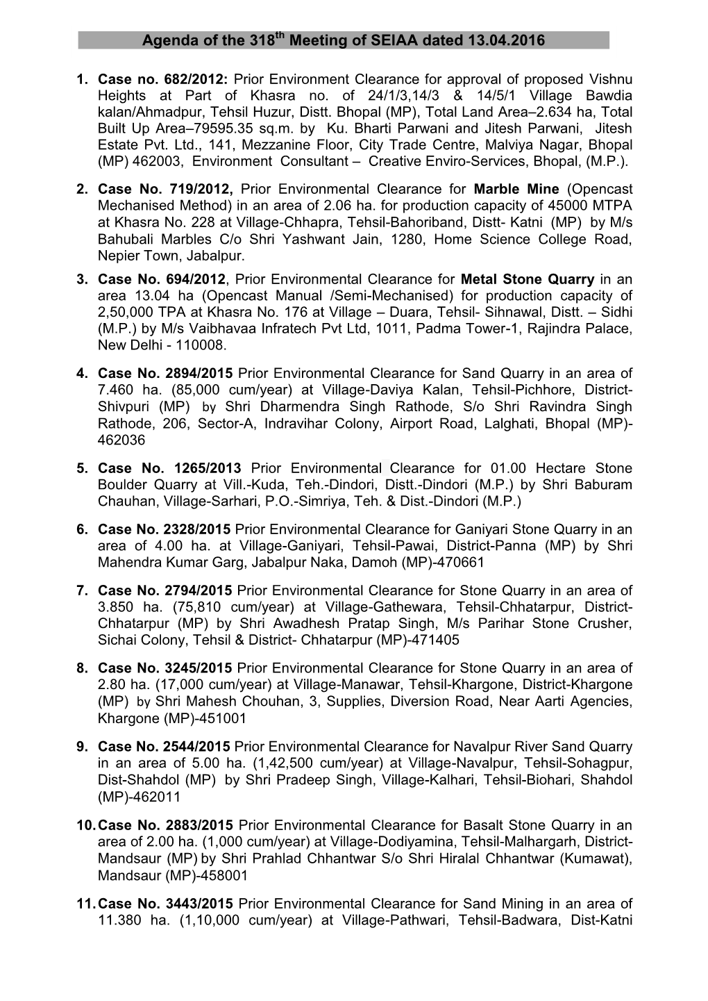 Agenda of the 318 Meeting of SEIAA Dated 13.04.2016