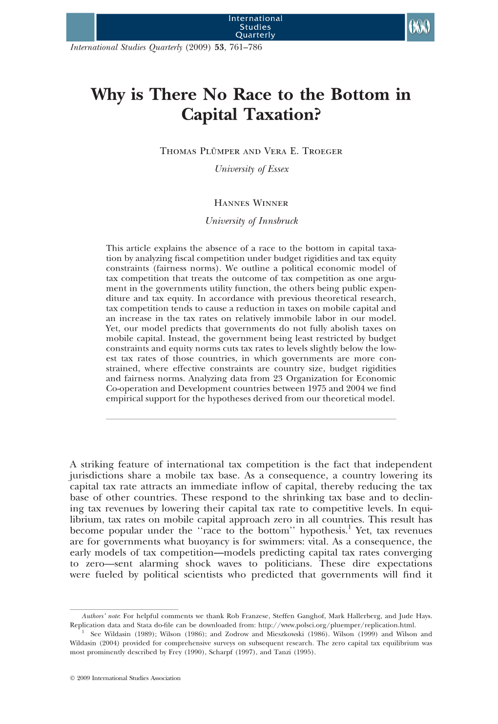 Why Is There No Race to the Bottom in Capital Taxation? Tax Competition Between Countries Of