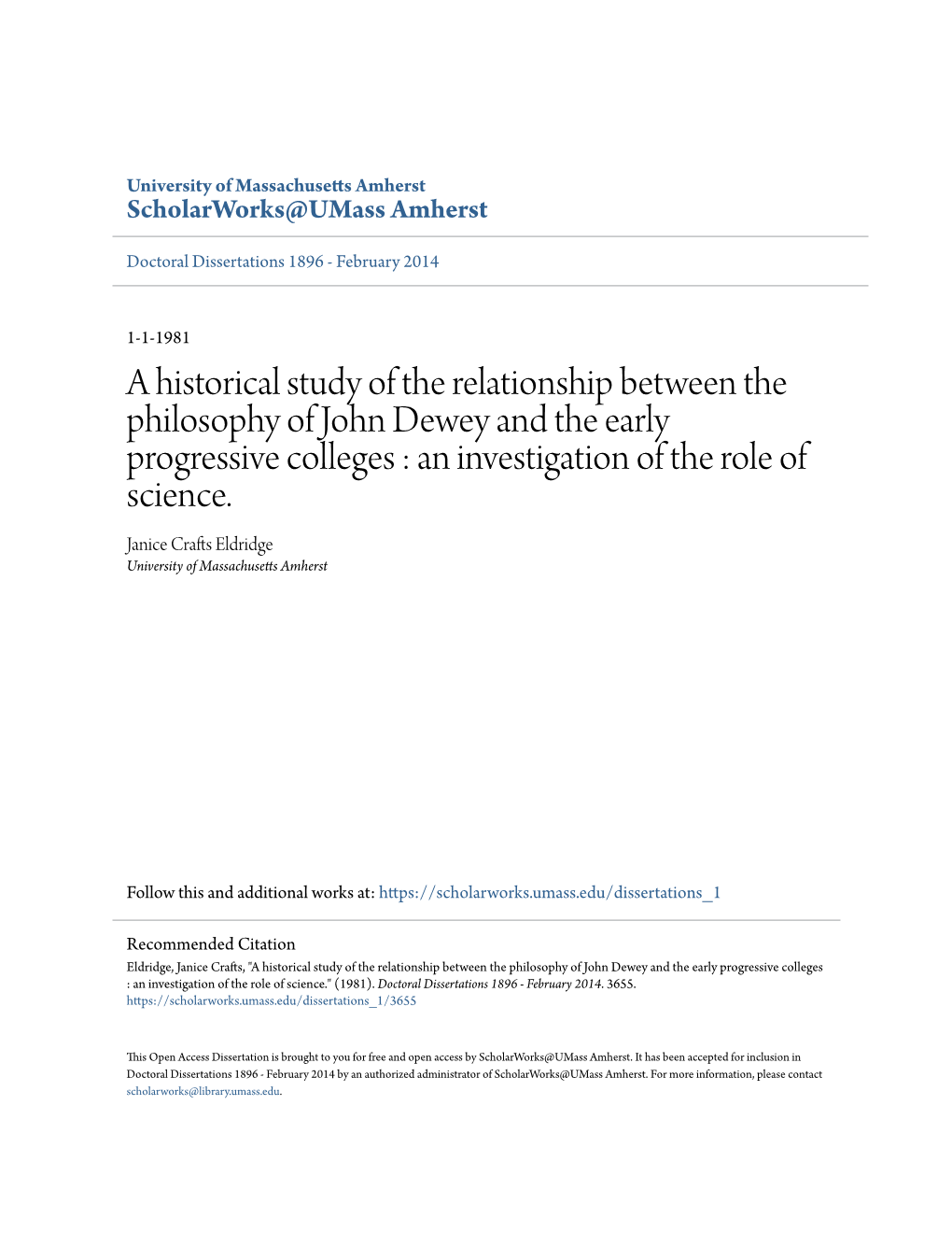 A Historical Study of the Relationship Between the Philosophy of John Dewey and the Early Progressive Colleges : an Investigation of the Role of Science