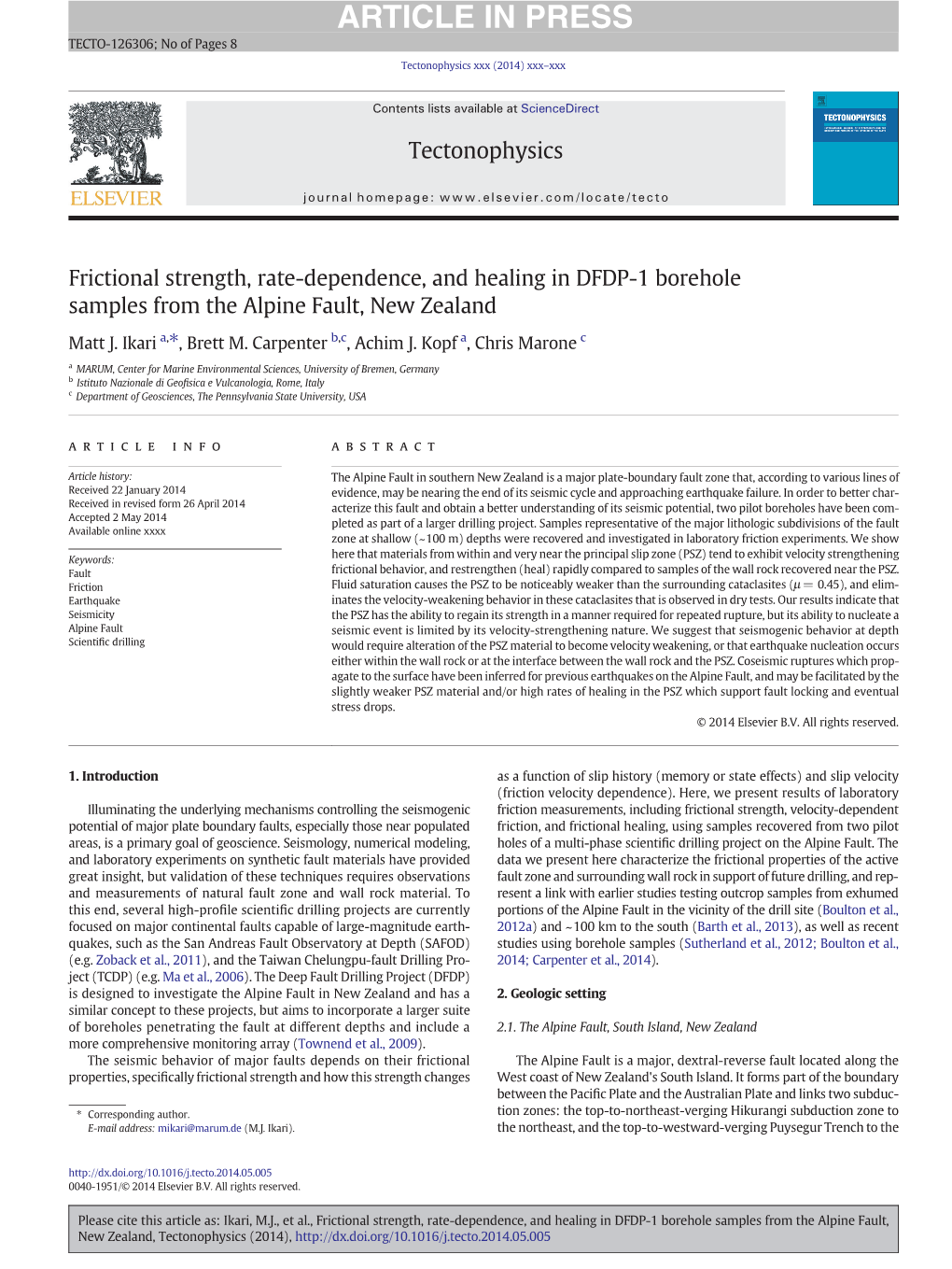 Frictional Strength, Rate-Dependence, and Healing in DFDP-1 Borehole Samples from the Alpine Fault, New Zealand