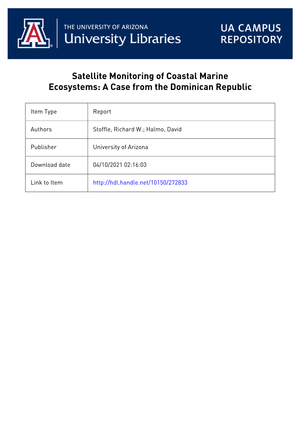 Satellite Monitoring of Coastal Marine Ecosystems a Case from the Dominican Republic