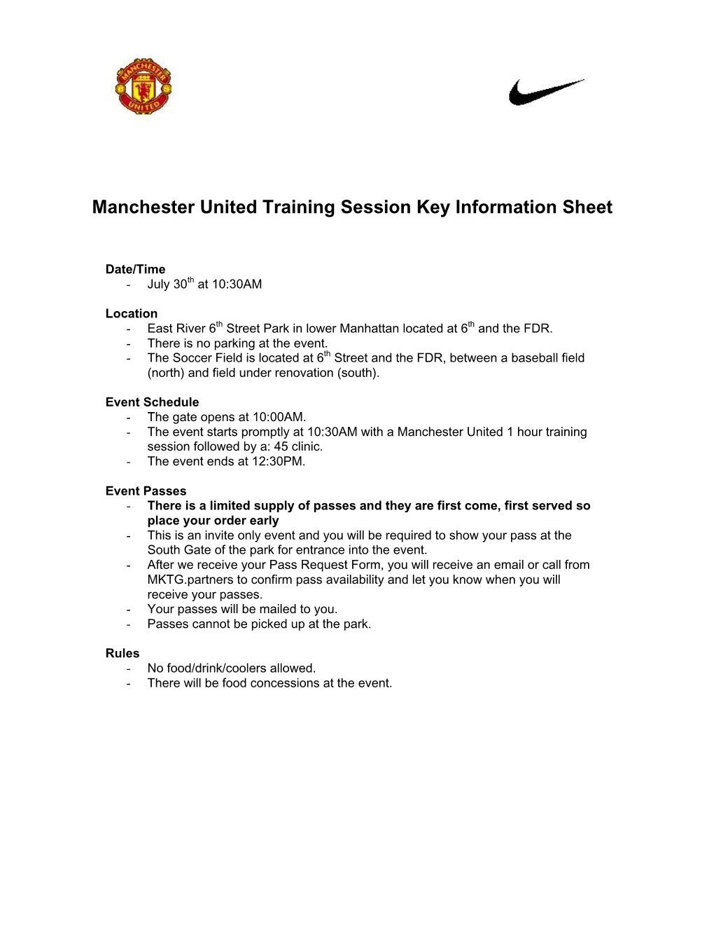 Manchester United Training Session Key Information Sheet