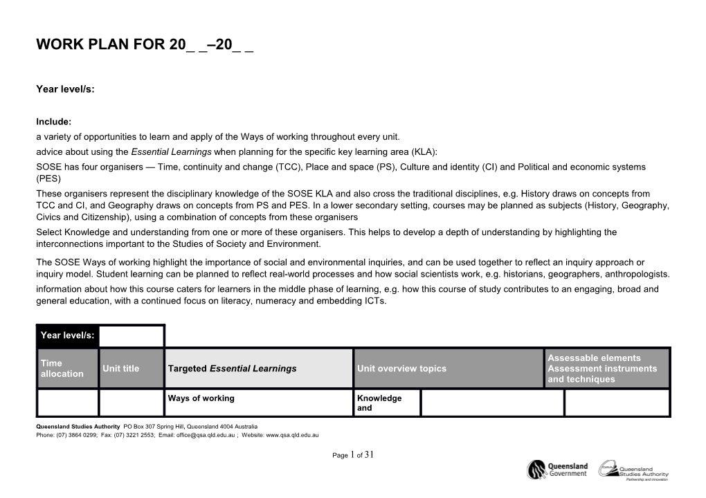 Studies of Society & Environment (SOSE) Work Plan