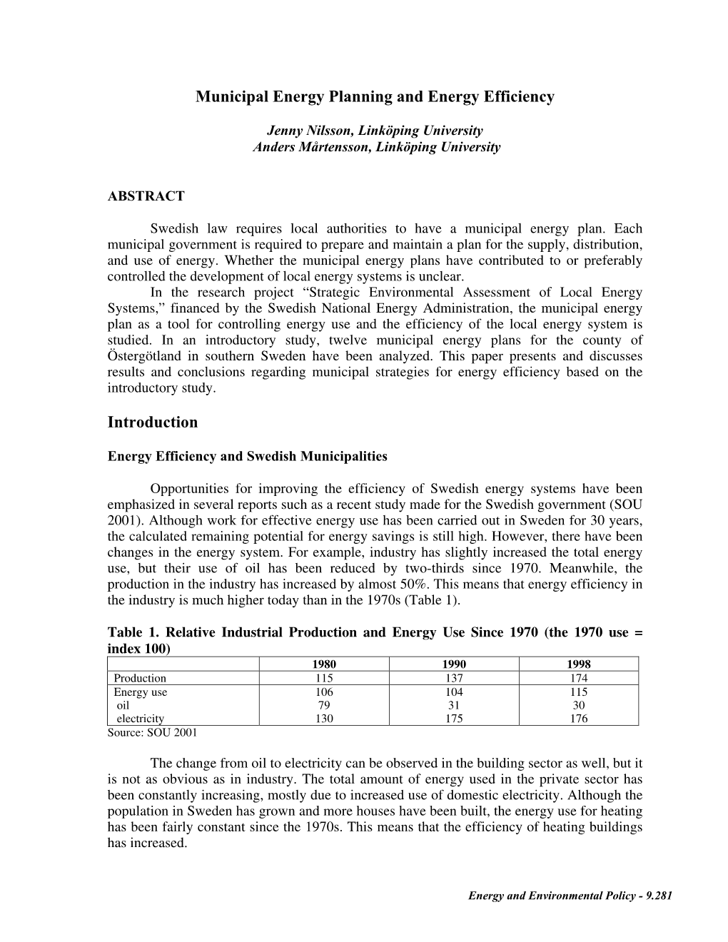 Municipal Energy Planning and Energy Efficiency