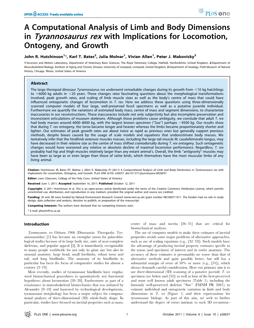 A Computational Analysis of Limb and Body Dimensions in Tyrannosaurus Rex with Implications for Locomotion, Ontogeny, and Growth