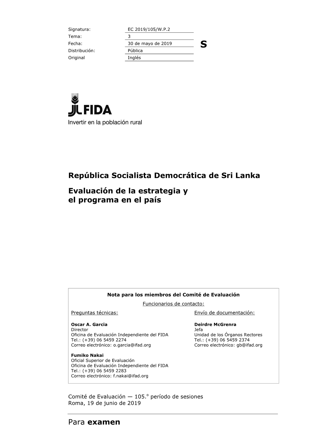 Para Examen República Socialista Democrática De Sri Lanka Evaluación De La Estrategia Y El Programa En El País