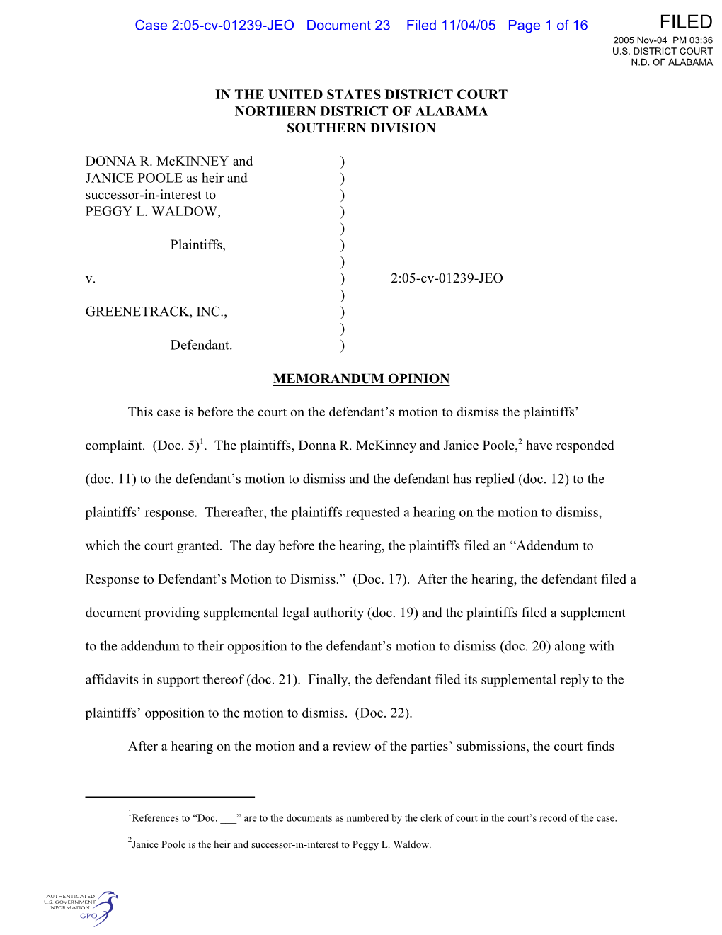 Filed 11/04/05 Page 1 of 16 FILED 2005 Nov-04 PM 03:36 U.S