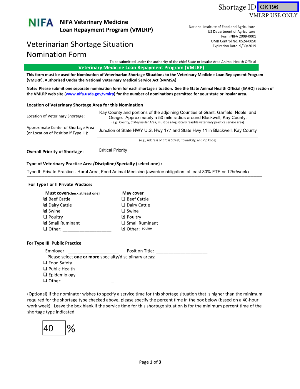 Veterinarian Shortage Situation Nomination Form