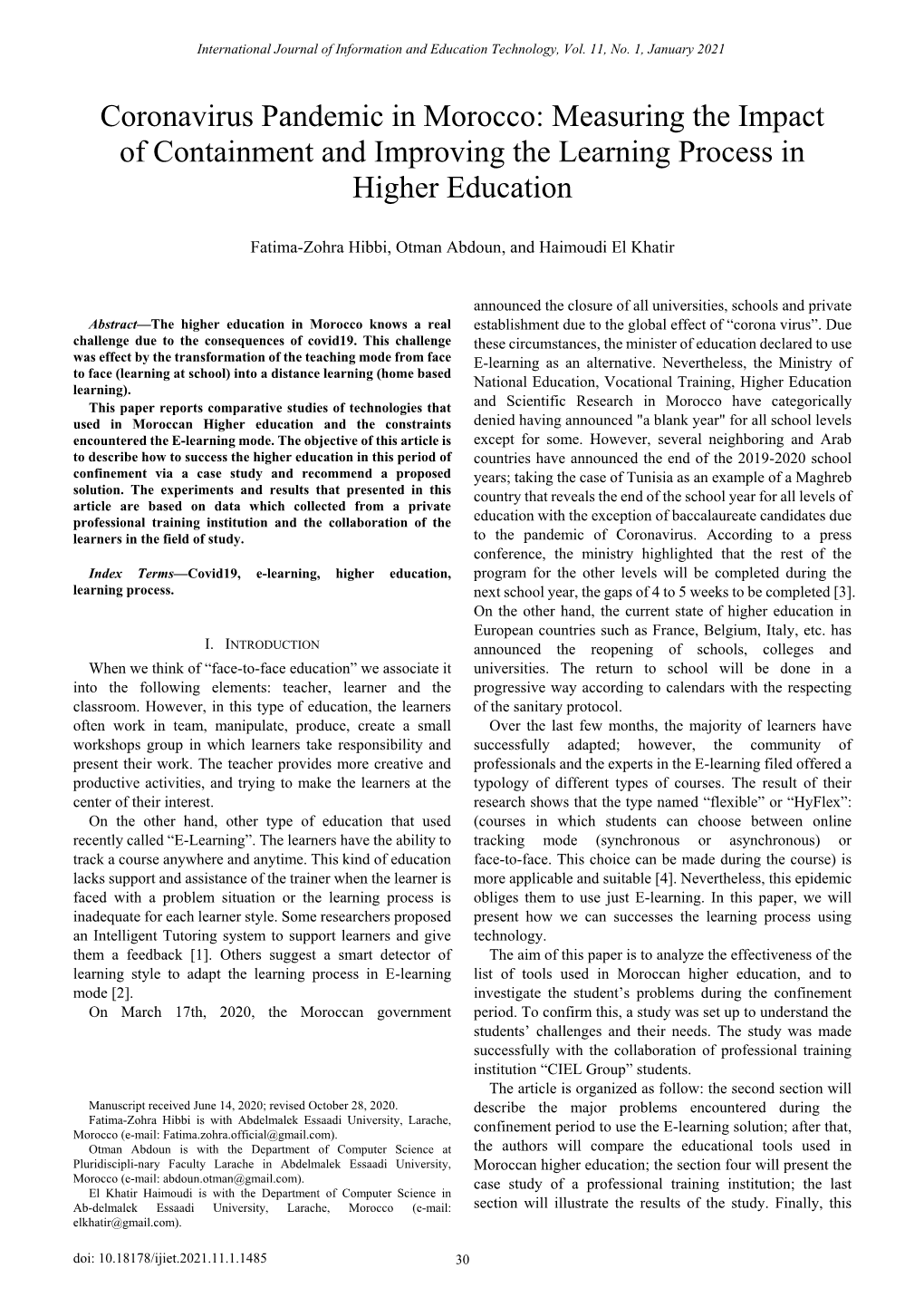 Coronavirus Pandemic in Morocco: Measuring the Impact of Containment and Improving the Learning Process in Higher Education