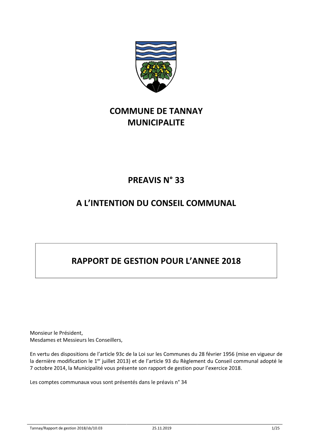 Commune De Tannay Municipalite Preavis N° 33 a L'intention Du