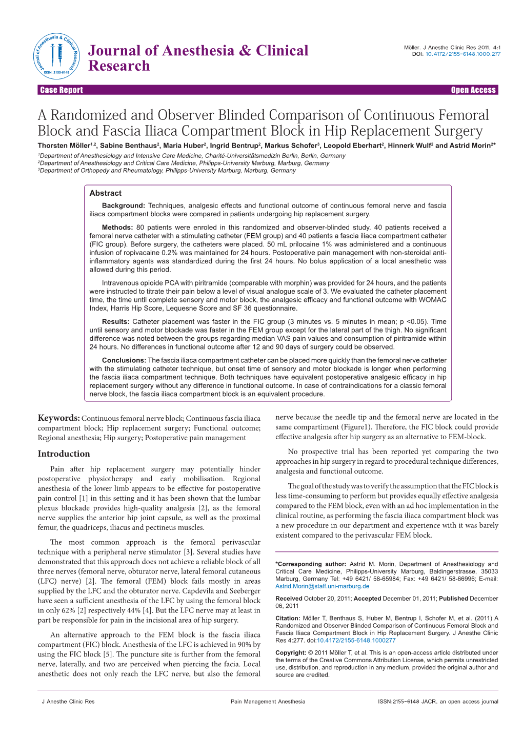 A Randomized and Observer Blinded Comparison of Continuous Femoral