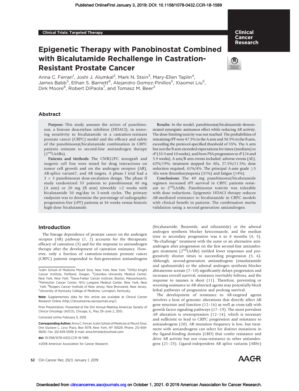 Epigenetic Therapy with Panobinostat Combined with Bicalutamide Rechallenge in Castration- Resistant Prostate Cancer Anna C