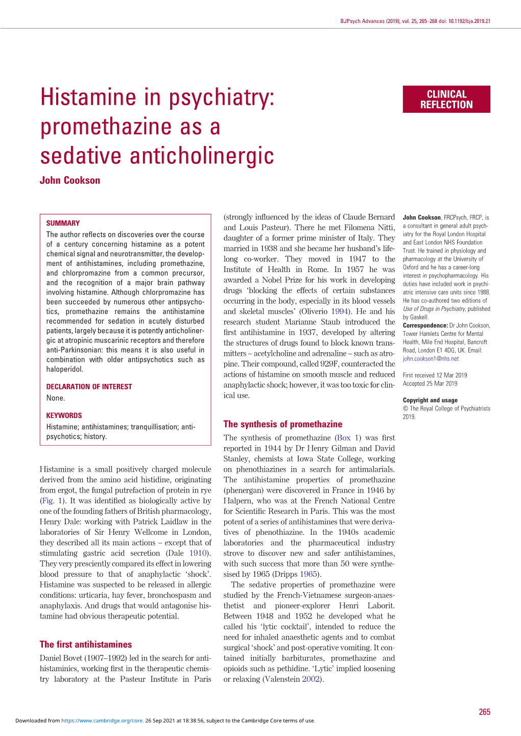 Histamine in Psychiatry: Promethazine As a Sedative Anticholinergic