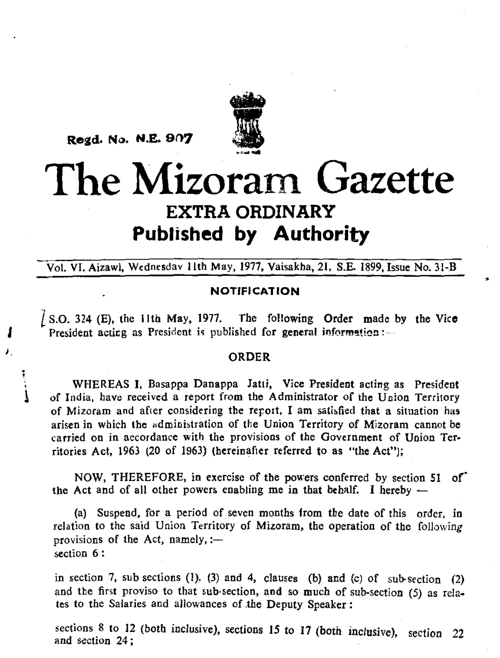 The Mizoram Gazette EXTRA ORDINARY Published by Authority