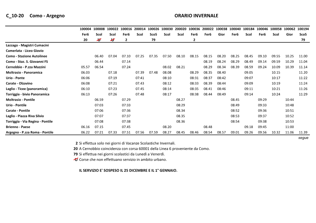 C 10-20 Como - Argegno ORARIO INVERNALE