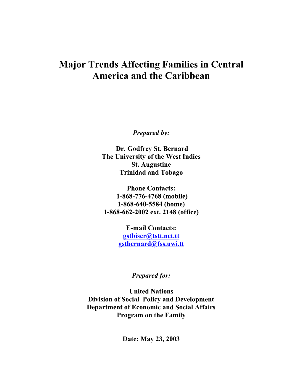 Major Trends Affecting Families in Central America and the Caribbean