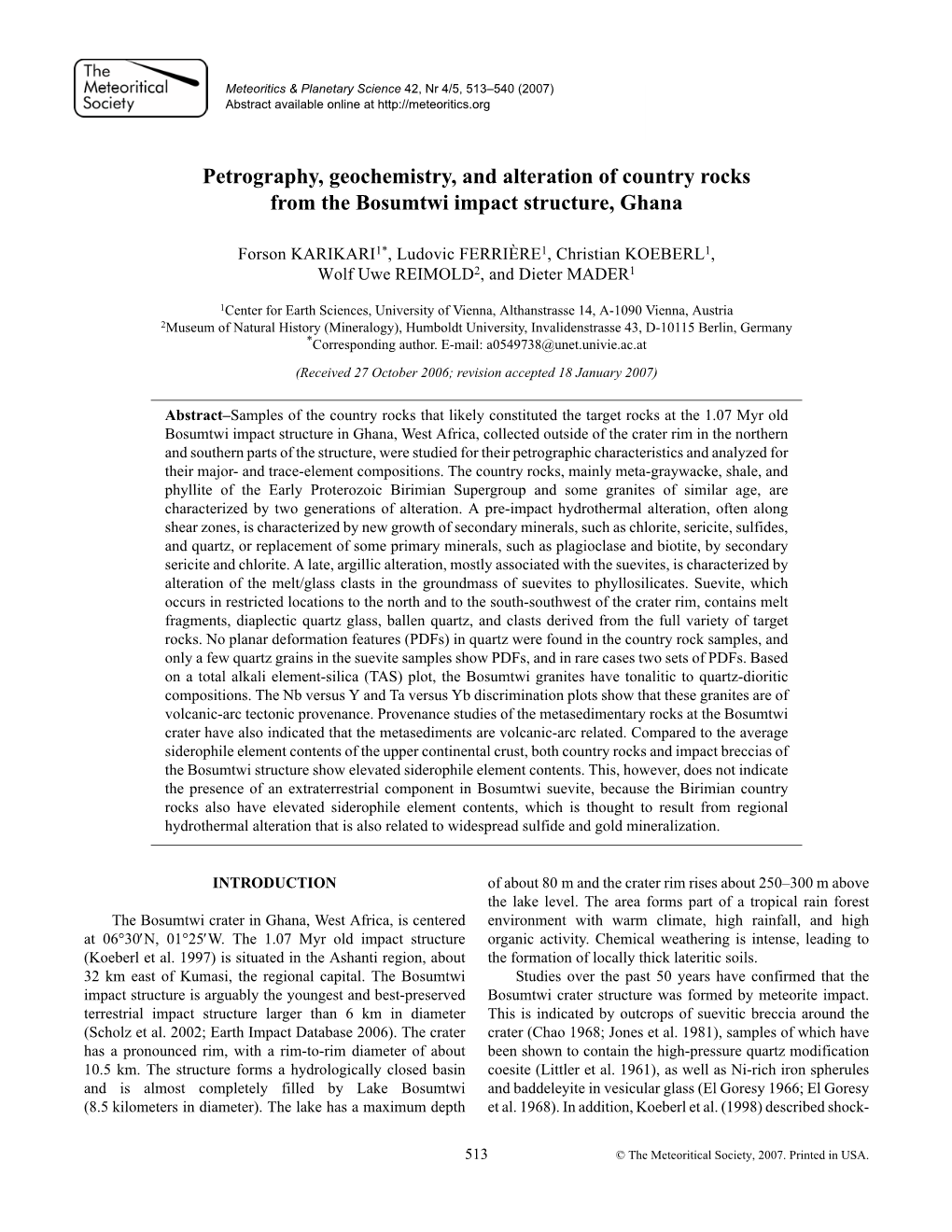 Petrography, Geochemistry, and Alteration of Country Rocks from the Bosumtwi Impact Structure, Ghana