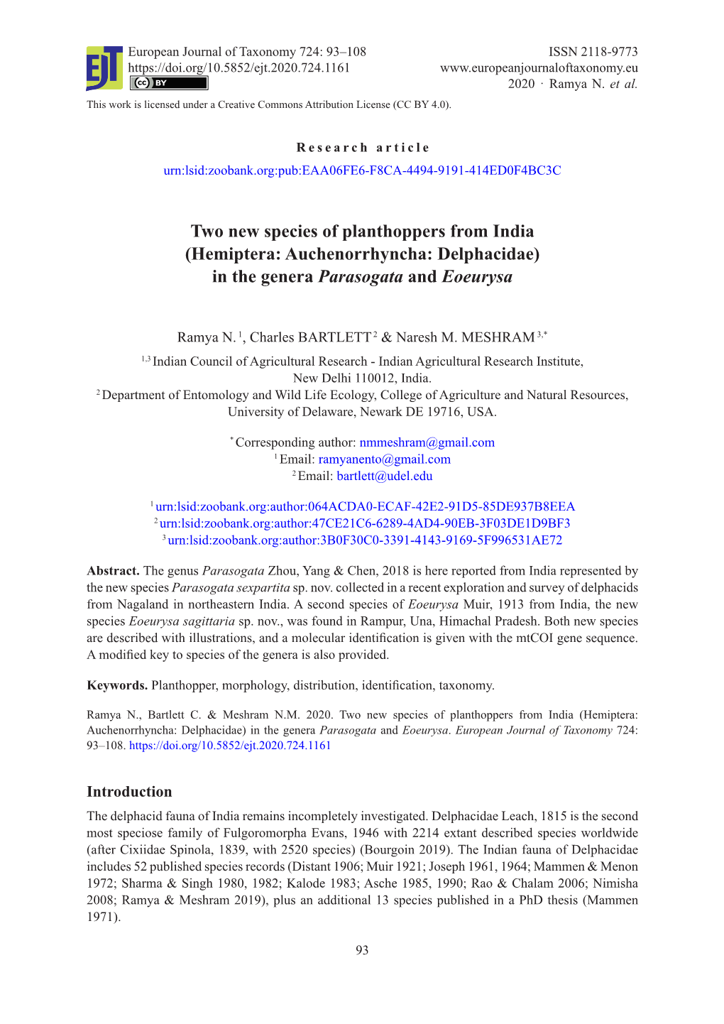 Two New Species of Planthoppers from India (Hemiptera: Auchenorrhyncha: Delphacidae) in the Genera Parasogata and Eoeurysa