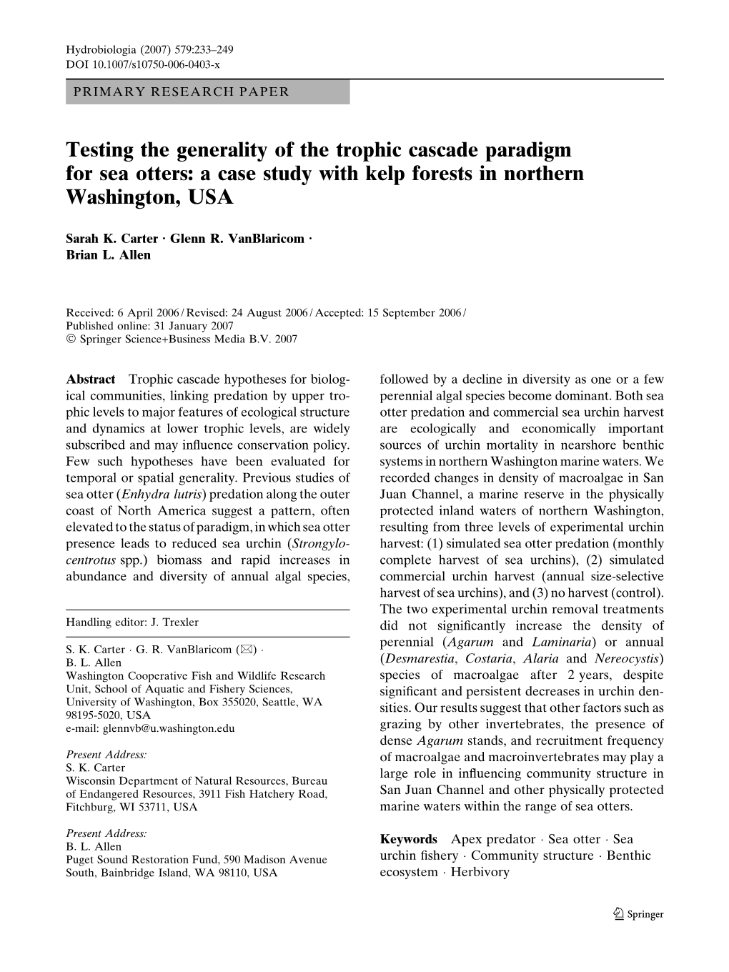 Testing the Generality of the Trophic Cascade Paradigm for Sea Otters: a Case Study with Kelp Forests in Northern Washington, USA