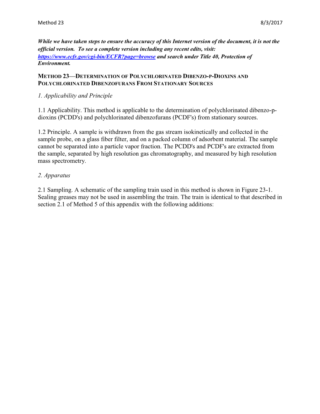 Method 23 Determination of Polychlorinated Dibenzo-P-Dioxins