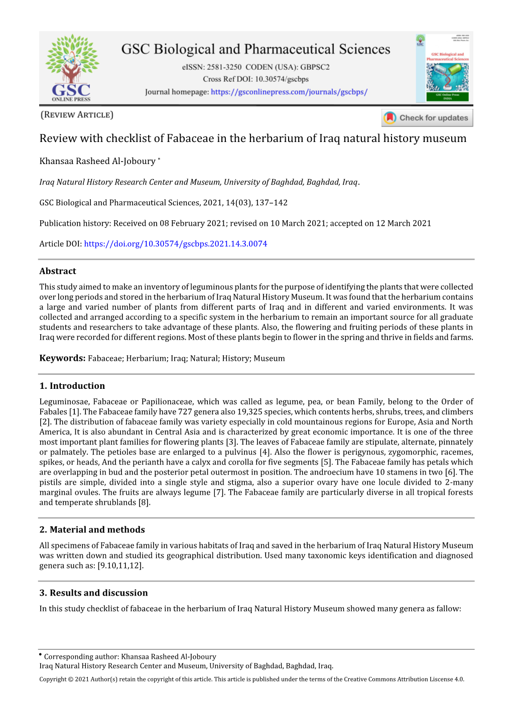 Review with Checklist of Fabaceae in the Herbarium of Iraq Natural History Museum